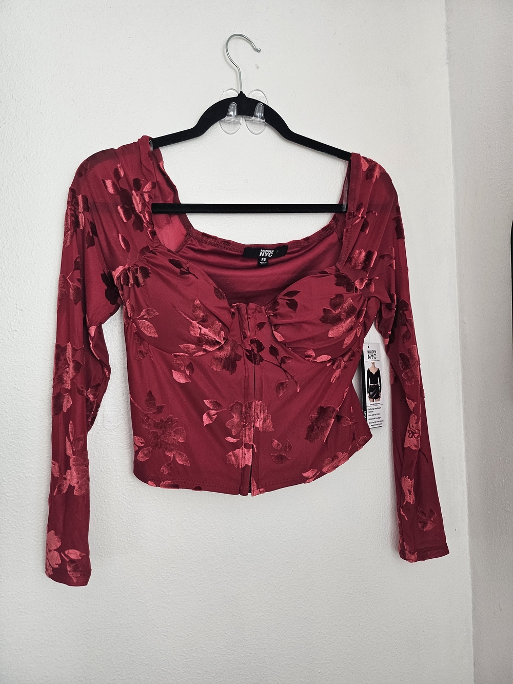 NYC Red Floral Sheer Long-Sleeve Cropped Corset Front Fall Bold Top Vamp Goth